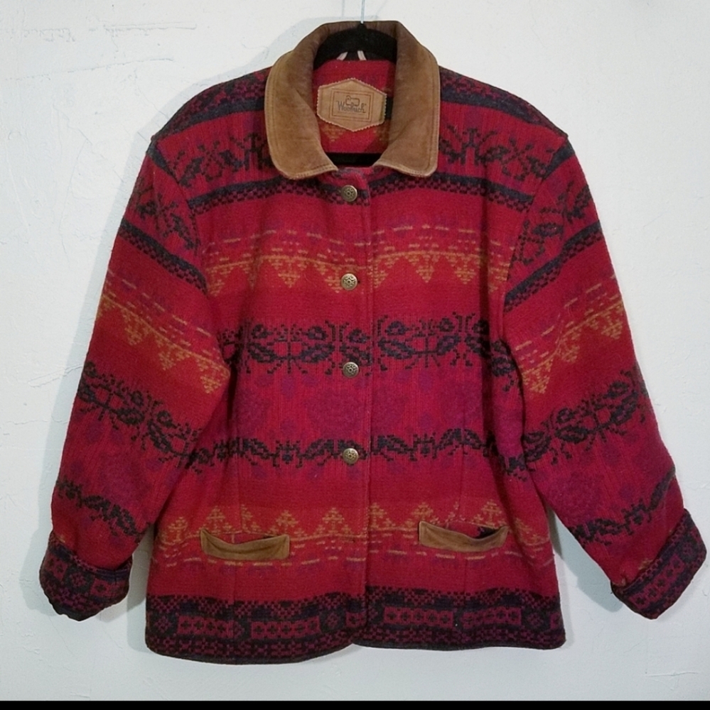 Woolrich Vintage Wool Red floral Leather trim Barn Coat USA